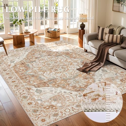 Deerly Large Washable Area Rug 8x10 for Living Room Bedroom Boho Vintage Oriental Rug for Dining Room Non-Slip Soft Low-Pile Farmhouse, Caramel/Beige/Multi