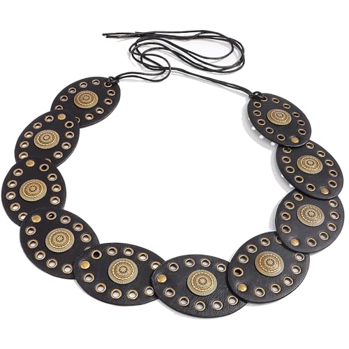 IZUS Women Western Disc Cowgirl Belt Vintage Wide Country Waist-Rope PU-Leather-Studded Belts for Dresses 2.35 inch2