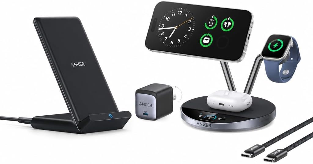 Anker 313 Wireless Charger (Stand) & Prime 3-in-1 Charging Station, Qi2.2-Certified 25W Wireless Charger Dock Stand, MagSafe Compatible, Smart Display with TEC Active Cooling, for iPhone 17