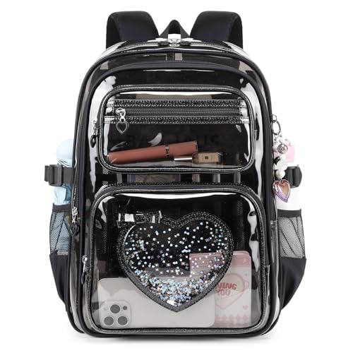 ASKSKY Clear Backpack for School Girls Cute Heavy Duty PVC Transparent Bookbag See-Through Bag for Stadium Event Semi-Black