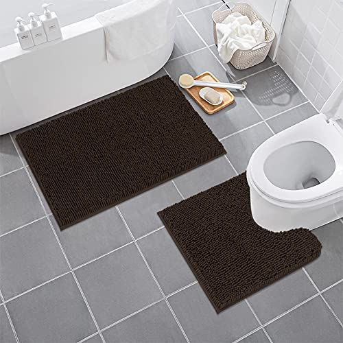 Mayshine 2 Piece Chenille Bathroom Rug Toilet Set, Ultra Soft Shaggy Non Slip Toilet Mats, Water Absorbent, Machine Washable Plush Bath Mat Contour And Rectangle (Brown, 32X20 / 20X20 Inches U-Shaped) #TOP1