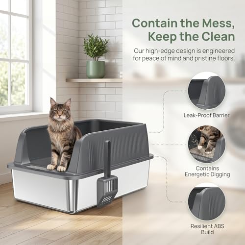Caja de arena para gato de acero inoxidable con lados altos miniatura 5