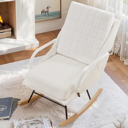 VECELO Rocking Chair Nursery, Larger Size Teddy Fabric Glider Rocker with Padded Cushion, Upholstered Removable High Back, White