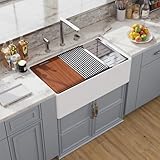 30 White Farmhouse Sink Workstation, Hugsleek Undermount Farm Kitchen Sink 30x20 inch Apron Front White Porcelain Ceramic Fireclay Sinks Ledge Accessories Single Bowl Under Counter Farmer Sinks Basin