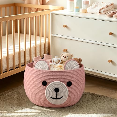Image of CherryNow Baby Basket for Nursery, Bear Gift Baskets for Girls, Baby Shower Basket with Handles, Large Diaper Caddy Organizer, Bright Pink, 15.7 inchD x 10.5 inchH
