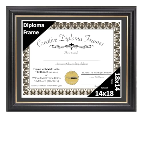 Creative Picture Frames 14" x 18" Rockefeller Black with Gold Rim Diploma Frame, Displays 14" x 18" Certificate or 16" x 20" Document without Mat, College Degree Frame, Full-Strength Glass, Black Mat
