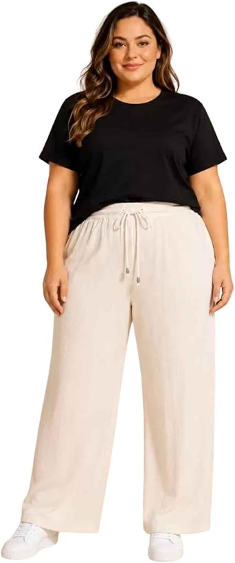 Kad n Battal Beden B r mc k Kuma  Palazzo Pantolon, Beli Lastikli Ba c kl  Bol Pa a Yazl k Rahat G nl k Pantolon 2XL-6XL