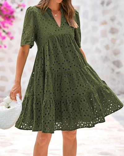 Image of BTFBM Womens Boho Summer Dresses 2026 Spring V Neck Short Sleeve Hollow Out Lace Ruffle Casual Beach Mini Vacation Dress