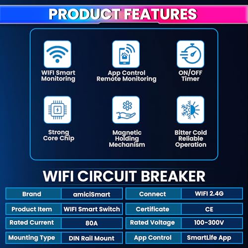 Image of amiciSmart WiFi MCB, Circuit Breaker, 220VAC 80A 3 Phase Home Automation Smart Switch Timer Mobile App Control Compatible with Alexa, White (Din Rail Mount)