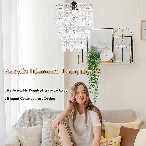 Hi-ERA Crystal Lamp Shade, Acrylic Chandelier Shades, Ceiling Light Shade Faux Chandelier for Bedroom, Beaded Chandelier Height 14.17inch, 3 Tiers, Clear - Image 6