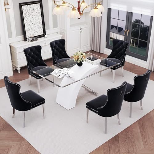 Image of 7 Piece Glass Dining Table Set for 6, 63 inch Modern Kitchen Table with 6 Black Velvet Chairs, Tempered Glass Tabletop with White X-Shaped MDF Base, Modern Dining Room Set for Kitchen and Dining Room