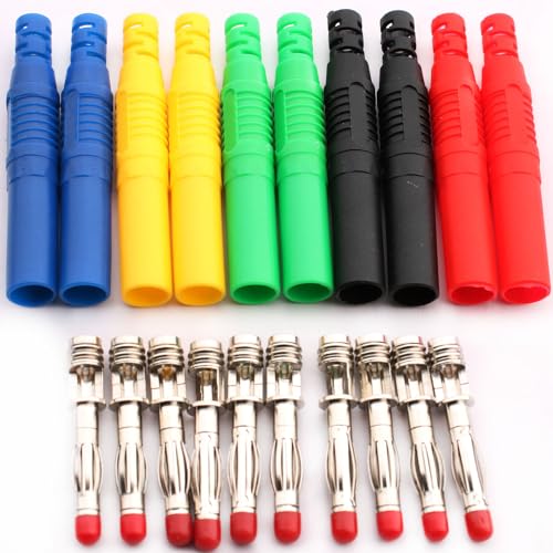 RUNCCI-YUN 10 pièces Fiches bananes isolées 4 mm,4mm souder mâle fiche Banane Fil à Bricolage connecteurs pour fils de test de multimètre （noir bleu...