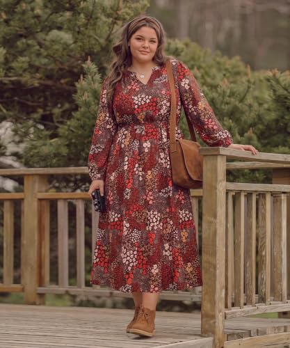 Image of TIYOMI Womens Plus Size Dresses Fall Long Sleeve Maxi Dresses V Neck Floral Spring Party Dress with Pockets XL-5XL (14W-28W)