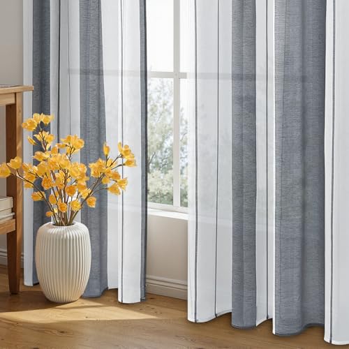MRTREES Voile Gardinen Kurz Vorhang Halbtransparent Streifen Stores Schals mit Ösenschal Moderner Wohnstil Weiß+Grau 175×140cm (H×B) für… – Ansicht 3