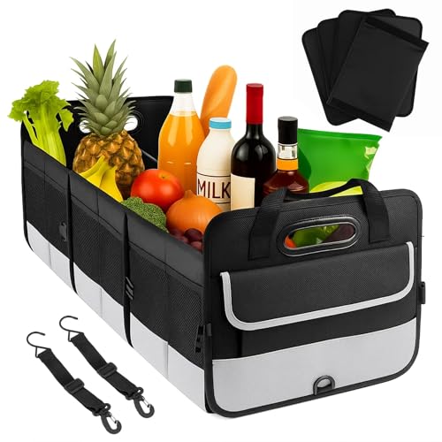 SUNNYNEST Car Boot Oganiser Universal Big Capacity Car Storage Box,with Divided Compartments,Fixed Big Trunk Organizer with Handles & Adjustable Straps, for SUV, Sedan, Truck (Black)
