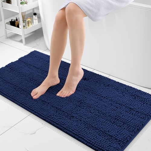 Grandaily Chenille Striped Bathroom Rugs 47x20, Extra Thick and Absorbent Bath Rugs, Non-Slip Soft Plush Shaggy Bath Carpet, Machine Wash Dry, Bath Mats for Bathroom, Navy