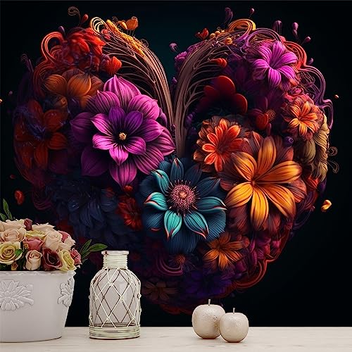 Heart-Shaped Flowers Modern Wallpaper for Living Room, Bedroom and Office Wall - Removable Oversized Floral Mural Decor - Peel and Stick, Textile Vinyl (Peel and Stick, 197''Wx104'' H)