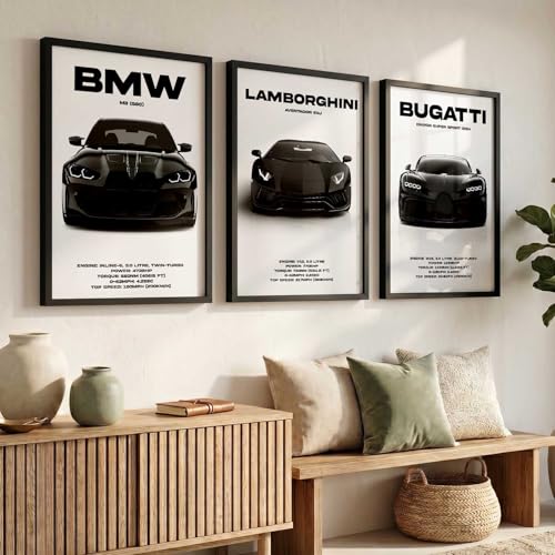 Image of walllane Big BMW M3, Lamborghini Aventador, Bugatti Chiron Cars Framed Posters Gift Items for Boys Room Wall Decoration | Car Poster Frame for Wall Decor Set Of 3 Size (13x17 inch), Framed