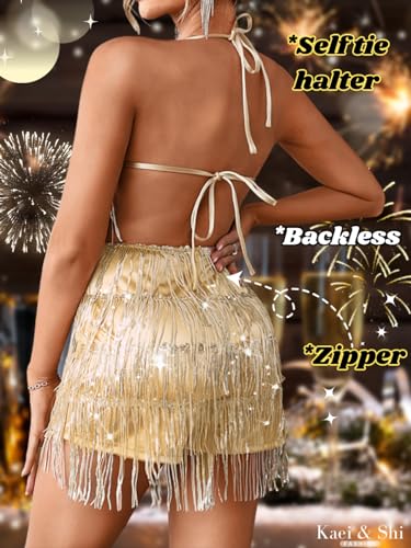 Image of Kaei&Shi Sequin Fringe Romper,Sparkly Glitter Metallic Jumpsuits For Women,Backless Shorts Dress Disco Birthday Dance Outfit