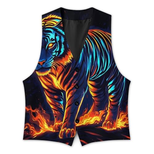 Tiger with Glowing Neon Men's Formal Suit Vest for Business Formal Or Casual Dress Waistcoat Wedding3