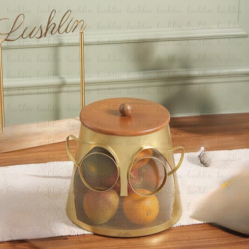 Image of LUSHLIN Metal Fruit Basket with Lid for Kitchen & Dining Table | Insect Proof Mesh Fruit & Vegetable Basket | Countertop Storage Basket for Fruits, Vegetables & Snacks (Gold, 22.5 cm)