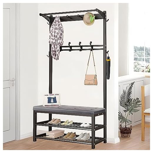 Perchero con Zapatero, Perchero de Pie con Banco y 14 Ganchos, Recibidor Perchero con 2 Capas Estantería, Estructura Metálica, para Entrada Sala de Estar Dormitorio 80/100X33X170CM