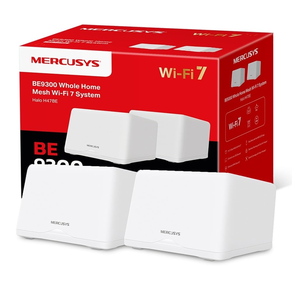 【New Wi-Fi7】 Mercusys Halo H47BE(2-Pack) – BE9300 Tri-Band Wi-Fi Mesh 7, up to 9.3 Gbps, Coverage up to 550 m², 3 x 2.5G ports, easy app config | Connect more than 200 devices