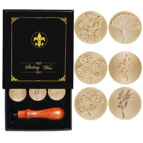 GLJ.CY Wax Seal Stamp Set?Retro Wax Stamp Seals kit, Copper Seals+ Wooden Hilt, 6pcs Wax Seal Plant Pattern Series? Plant Series B?