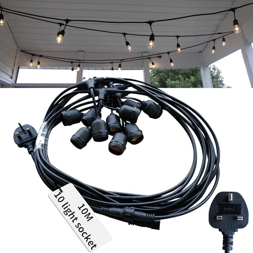KarlpaSW Festoon Lights Outdoor Mains Powered 10M/33FT,String Lights Connectable in Series Max Load 800W.IP65 Weatherproof 10 E27 Sockets for Outside Garden Patio Party(Bulb Not Included)