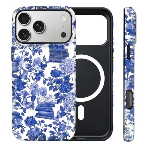 Coque iPhone 17 Pro Max cadeau floral vintage bleu avec aimant MagSafe