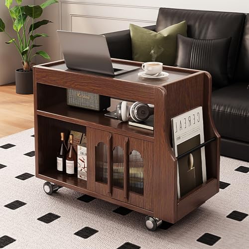 Table de chevet moderne roulante marron avec rangement pour chambre