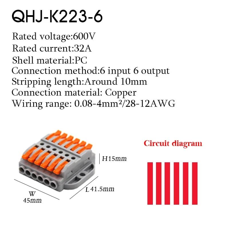 Wire Connectors 2-20 Pins Fast Compact Conductor Wiring Cable Electrical Push-in Butt Terminal Block Can Be Screwed(223-6,20PCS)