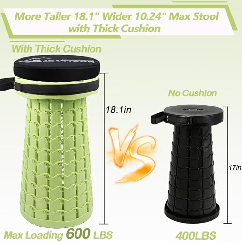 Image of ALEVMOOM 2026 Collapsible Stool with Thick Cushion, H18.1 D10.24 Portable Telescoping Sturdy Load Capacity 600Lbs, Retractable Adjustable Camping Folding Stool for Outdoor Hiking BBQ Climb