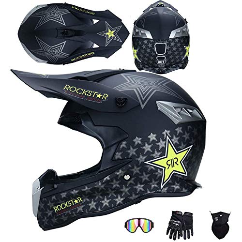JCLDG Carretera Moto Casco, Negro/Rockstar - Adulto Casco Motocross Enduro MTB con Gafas/Máscara/Guantes, Motocicleta Casco Cross Quad Off Road ATV Scooter, para Hombre Mujer,Negro,L