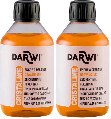 DARWI - DA2300250700C - Un flacon d'Encre à Dessiner transparente et lumineuse - Pour Enfants - Coloris Jaune - 250 ML - DARWI CRISTALINE - Aquarellable après séchage (Lot de 2)