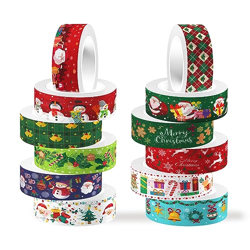 12ロール クリスマス和紙テープセットスノーマン＆サンタのホリデー装飾テープスクラップブッキング用品・DIYクラフト・ジャーナリング用品・プランナー用 [並行輸入品]