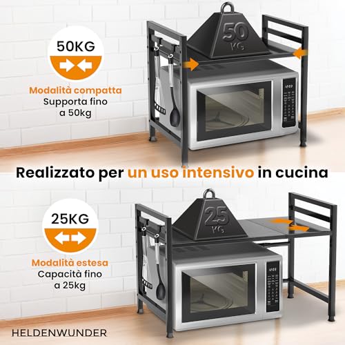 Heldenwunder Mensola Mobilecucina Salvaspazio Acciaio (2 Ripiani) | Organizer Forno Mobiletto Scaffali | Supporto Microonde Regolabile + Video Guida, Ganci – Nero - 5