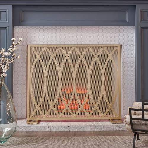 ksxnkhk Single Panel Iron Fireplace Screen - Modern, Gold Finish, Overlapping Lens Design, Fine Mesh Spark Guard for The Living Room Indoor Use, 41" W x 30.75" H