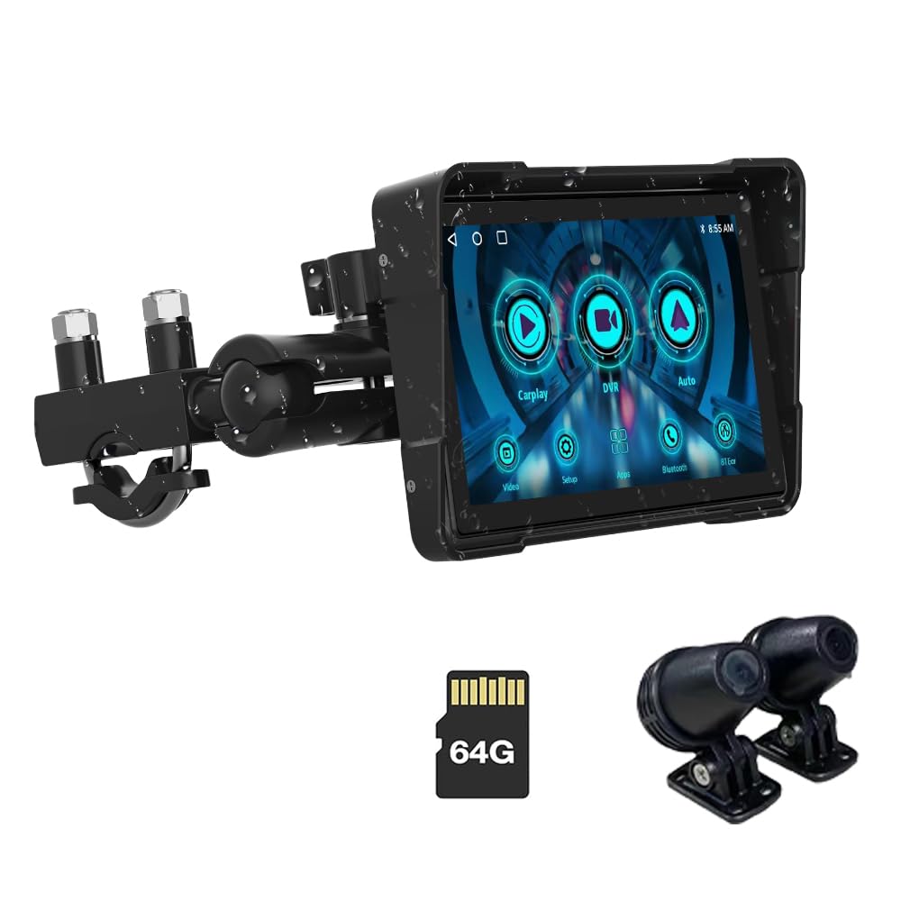 Motorrad Navi Navigationsgeräte Wireless CarPlay Android Auto Portable Motorräder mit Front und Rückansicht Recorder, 5 Zoll Touchscreen wasserdicht GPS Navigation für Motorrad mit 64GB TF-Karte