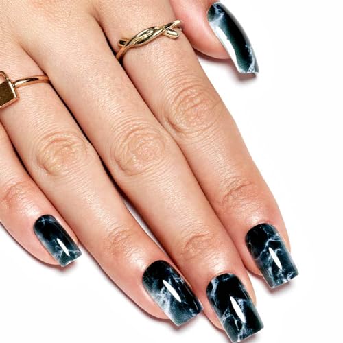GLAMERMAID Ombre Press on Nails Medium Square, White Marbling in Black Jelly Gel Nails Square Fake Nails, Glossy Stick Glue on Nails Kit for Women, Reusable Stick on Acrylic Fake Nails Manicure Set — view 3