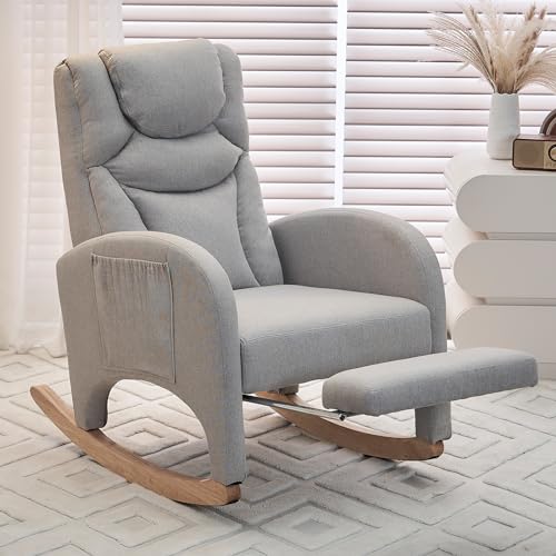Image of Rocking Chair Nursery, Modern Glider Chair with Adjustable Footrest and Solid Wood Legs, High Backrest Nursery Chair with Side Pocket, Rocker Armchair for Living Room Bedroom, Cotton Linen Light Gray