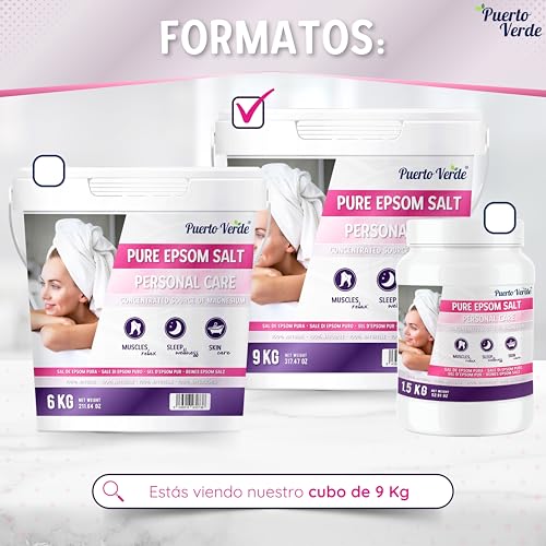 Puerto Verde • Sal de Epsom Pura 9 Kg. Fuente Concentrada de Magnesio. Sal de Baño y Cuidado Personal. Sales Epsom de Rápida Disolución para Relajación Muscular y Buen Sueño. Producción Española. - imagen 7