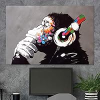 SIGNWIN Framed Canvas Wall Art Banksy Thinking Monkey with Headphones Graffiti & Street Art Famous People Pop Art Modern Urban Multicolor for Living Room, Bedroom, Office - 12x18 inches