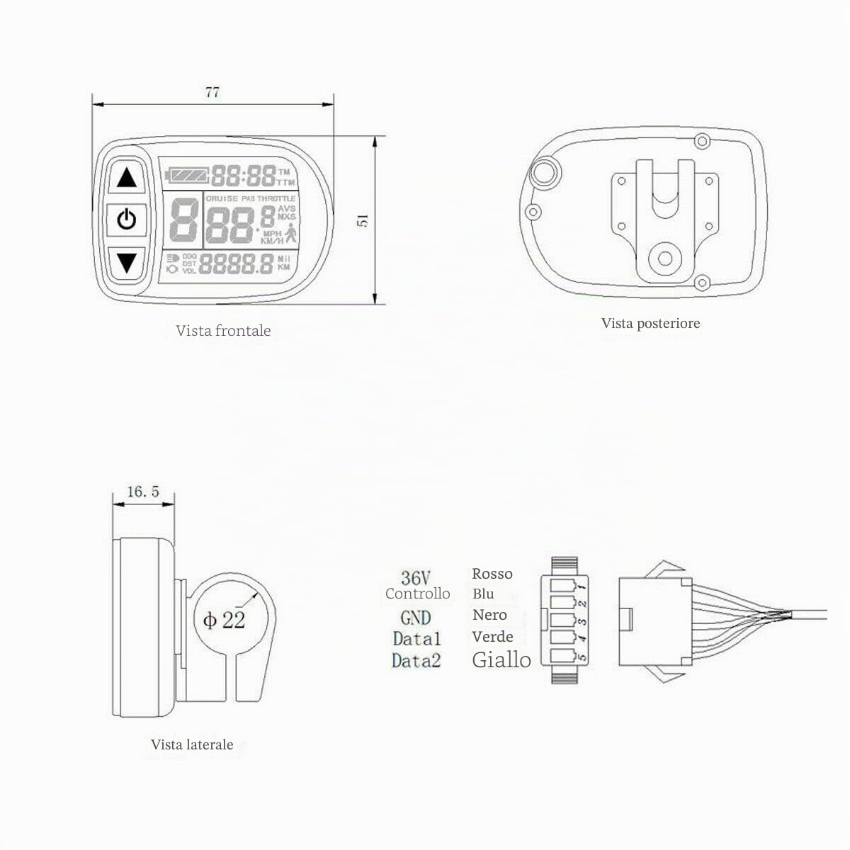 Display KT-LCD5, professionale, computer di bordo, display tachimetro, display LCD, illuminato, multifunzionale, spina JST a 5 poli, E-Bike, bici elettrica, 24V/36V/48V