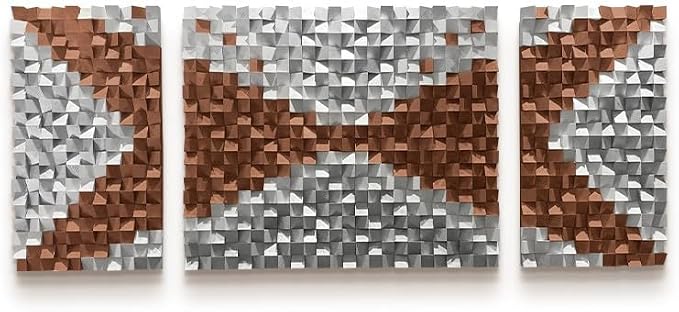 interoknack Luxury Modern 3D Wood Mosaic Wall Art Triptych, Large Handcrafted Pine Decorative Panels for Living Room Sofa and Bedroom, Unframed Set (Silver-Bronze)