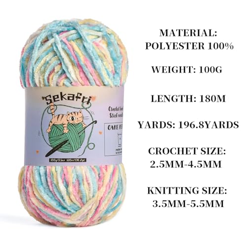 Image of Fuzzy Chenille Yarn for Crocheting, Fluffy Amigurumi Crochet Yarn for DIY Craft /Hat /Shoes, (100g /197yds) Soft Velvet Baby Blanket Yarn(Candy Color)
