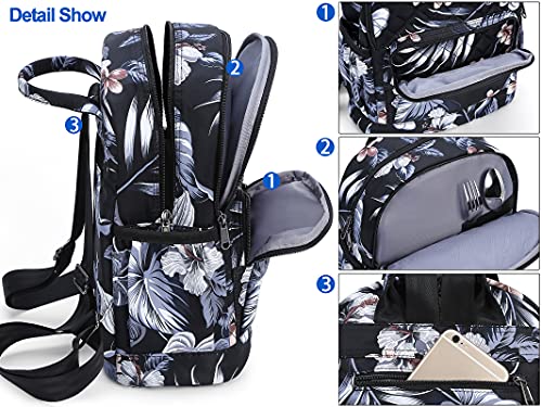 Amhoo Insulated Lunch Box Bag Reusable Cooler Backpack Double Zippers Waterproof Multiple Pockets Quilted For Women Hiking Beach Picnic Trip Black Floral #TOP3