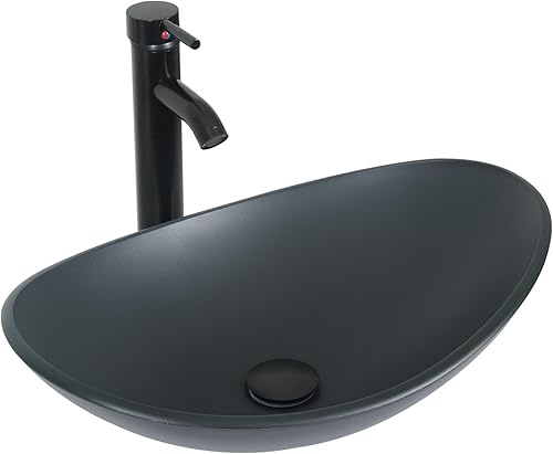 Puluomis Lavabo de vidrio con forma de barco para baño con grifo y drenaje emergente, color gris esmerilado