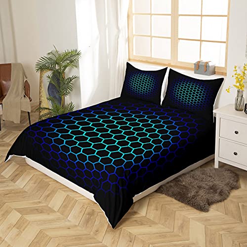 Loussiesd Hexagonal Bedding Set 3D Geometric Honeycomb Duvet Cover for Kids Boys Girls Luxury Beehive Hexagon Comforter Cover Neon Blue Teal Black Decor Bedspread Cover 2Pcs Single - Image 2