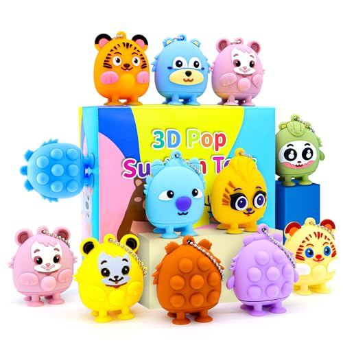 12 Pack 3D Animal Pop Toys Party Favors for Kids, 3D Animal Pop Fidget Toys, Goodie Bags Stuffers for Kid, Treasure Box Toy Prizes for Classroom, Pinata Stuffers, Silicone Suction Toy Gifts